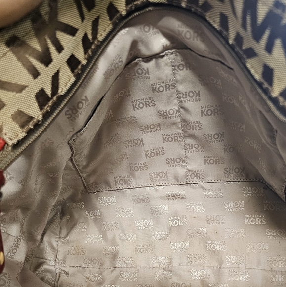 Michael Kors Monogrammed Shoulder Handbag with Red Leather accents EUC - Picture 15 of 16